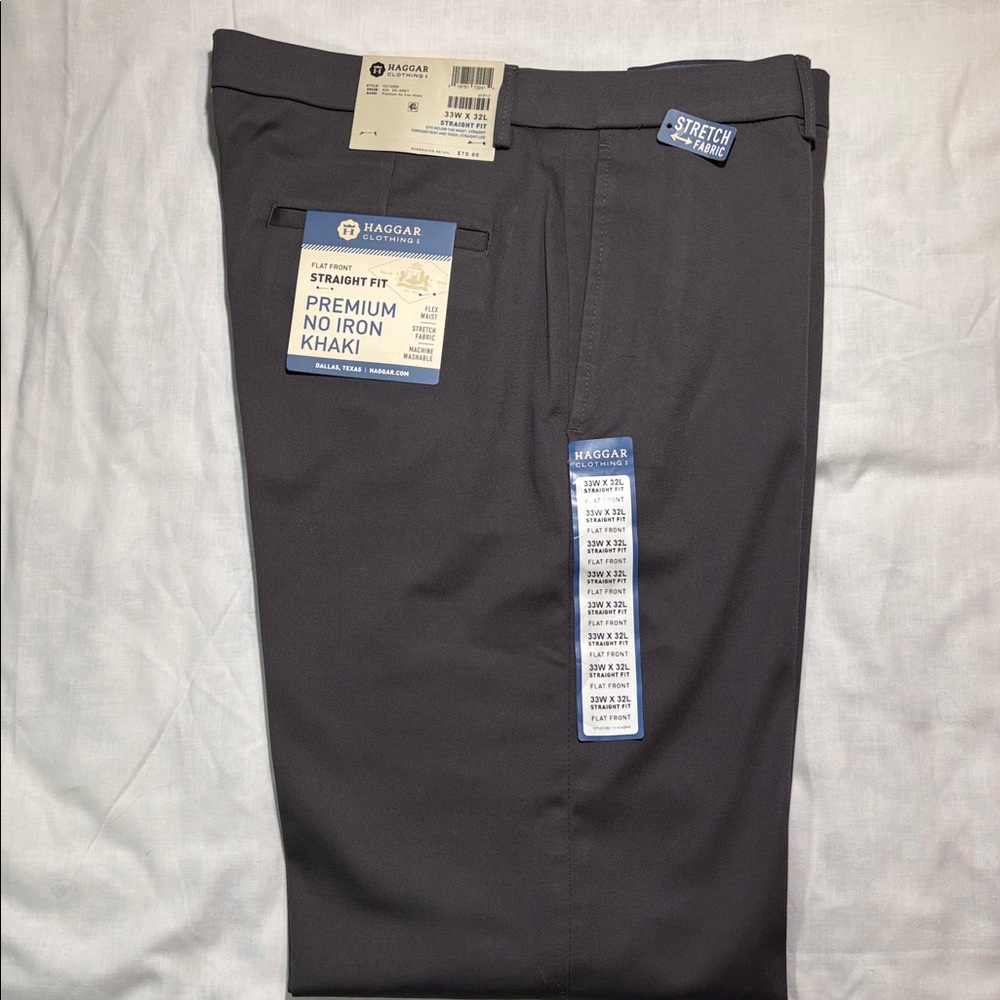 Haggar Premium No Iron Straight Fit Khaki Pants Gray 33x32 NWT